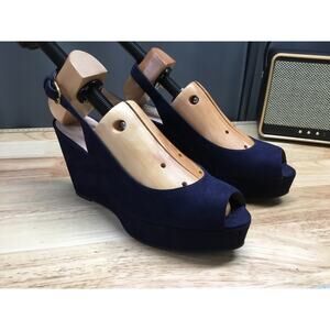 Stuart Weitzman Women's 11 Blue Suede Adjustable Slingback Strap Peep Toe Sandal